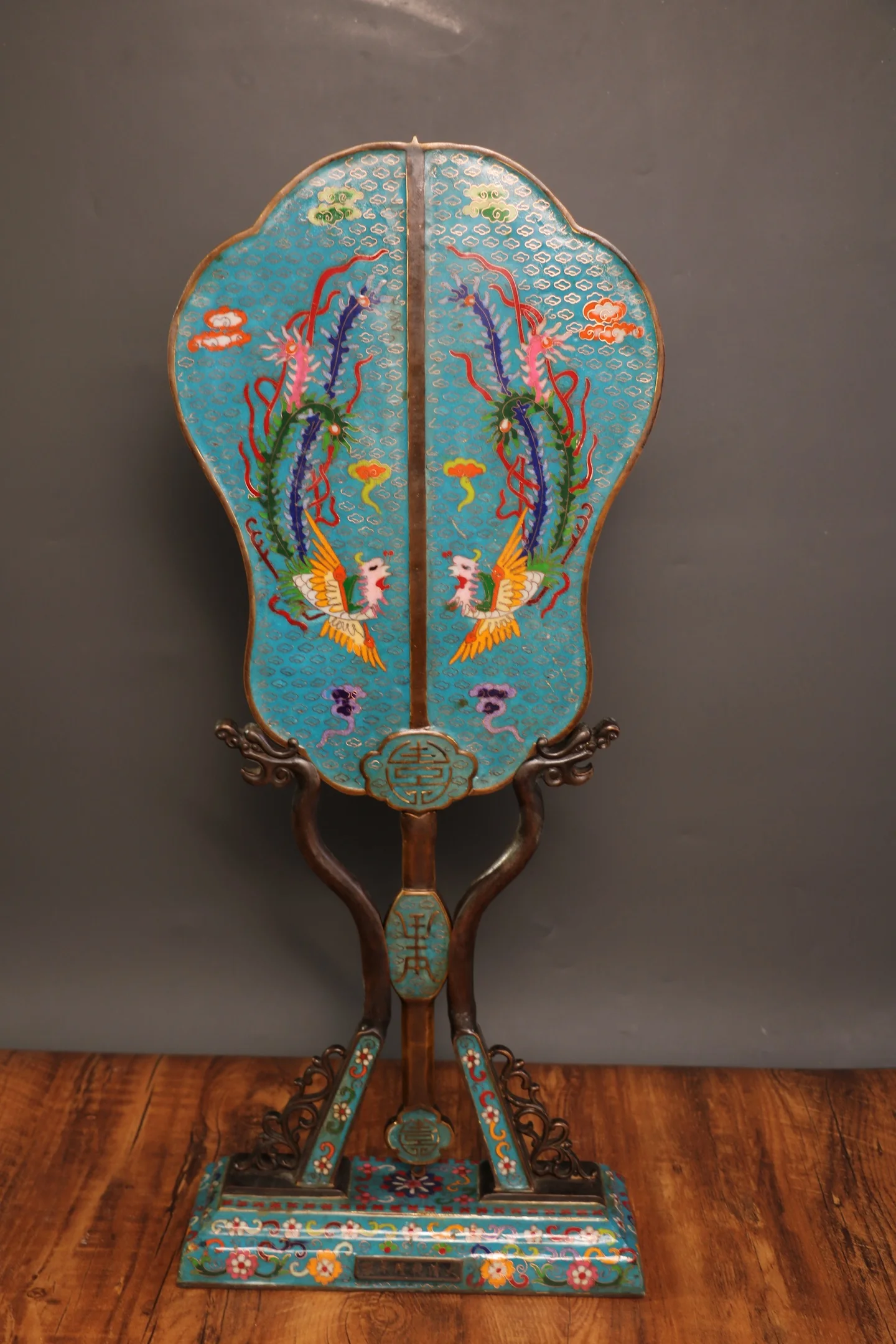 

28 "Китайские коллекции, старая бронзовая перегородчатая эмаль, 2 узоры Феникса, пальмовый лист, веер, экран, статуя дракона, кронштейн, основание, зал поклонения