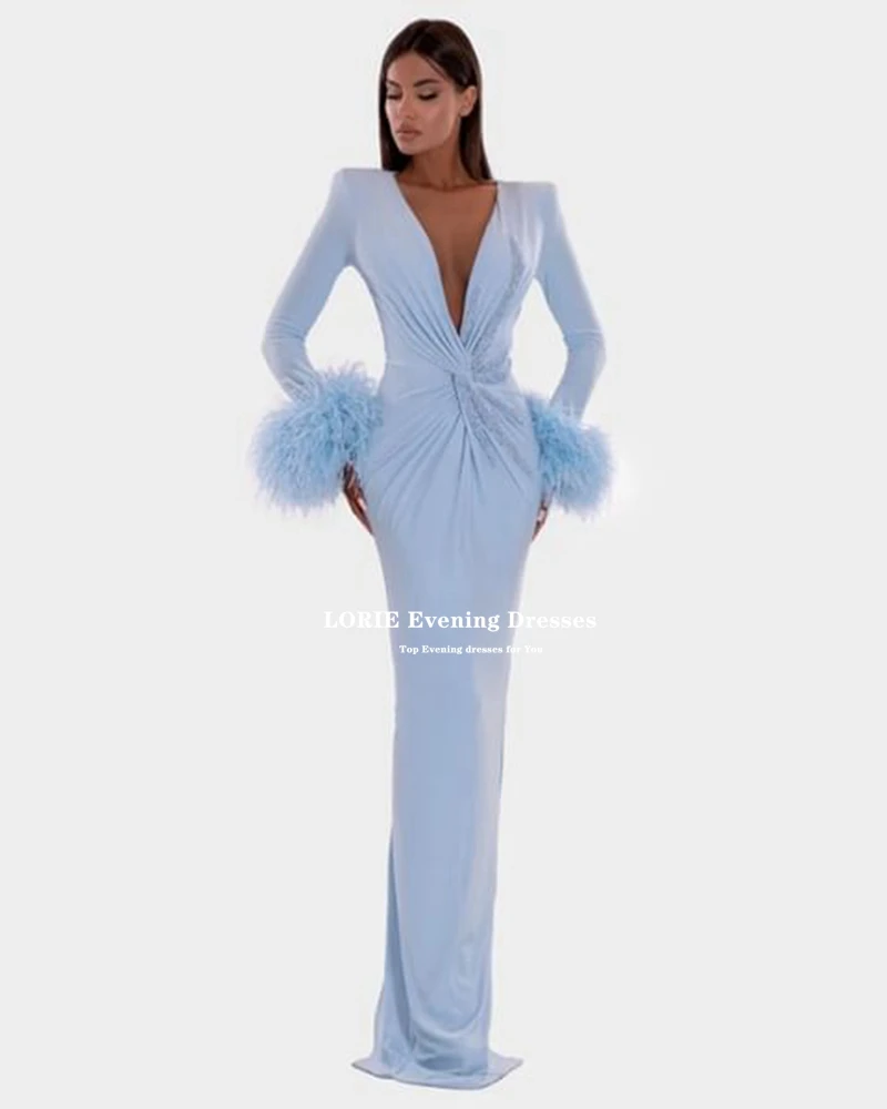 LORIE Satin Sky Blue Mermaid Evening Dresses Vestidos De Fiesta Long Sleeves V-neck Feathers Beaded Formal Gowns Evening Gowns