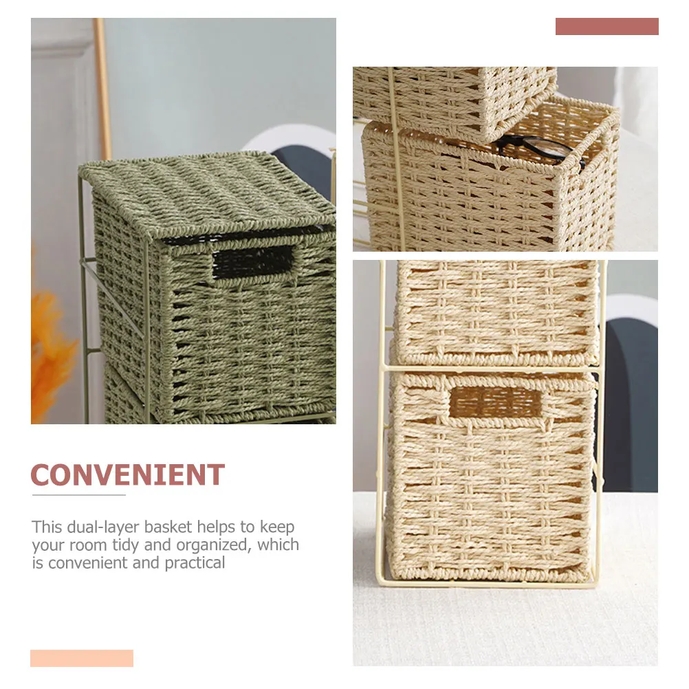 

Premium Simulated Rattan Dual Layer Storage Basket Drawer Type Organizer Home Desktop Use Multi Purpose Sock Glasses