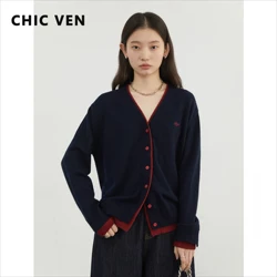 CHIC VEN Korean Women Sweaters Loose Casual V-neck Contrasting Single Breasted Woolen Female Knitted Cardigan Autumn Winter 2024