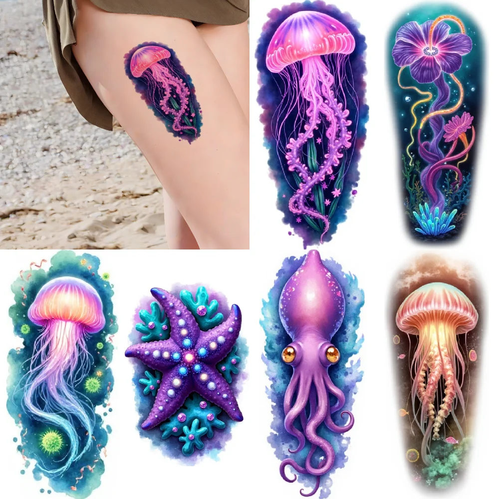 

12pcs Temporary Tattoo Realistic Temporary Tattoos Jellyfish Pink Orchid Purple Starfish For Men Women Arms