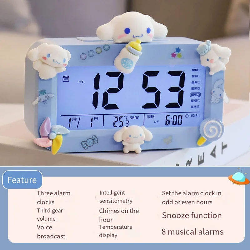 Kawaii Cartoon Cinnamoroll Melody Pochacco Electronic Alarm Clock Desktop Charging Student Clock Self Disciplin Christmas Gift