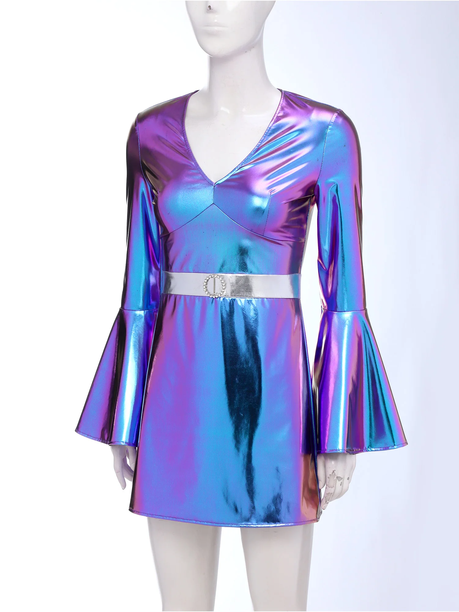 

Women Fashion Metallic Pencil Dress Flared Sleeve Crystal Decor Shiny Mini Dress for Club Party Night Outing Cocktail Dresses