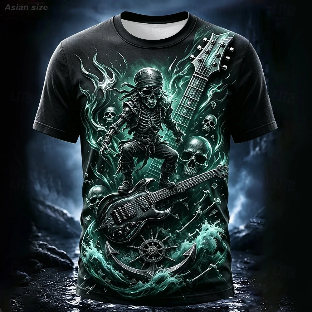 Halloween Men's Skull Optical Illusion Guitar T Shirt Short Sleeve 3D Print Crew Neck