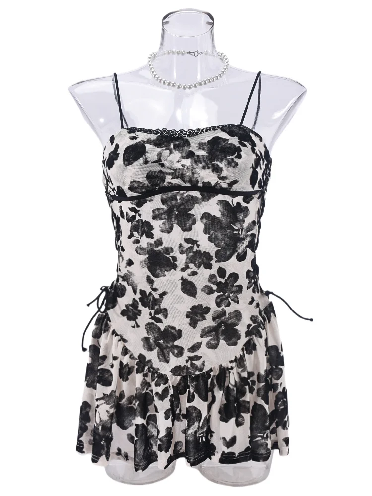 Flockingดอกไม้พิมพ์ชุดผู้หญิงตาข่ายPatchwork Lace Up Backless Ruffles Hemเซ็กซี่Elastic Mini Bodycon