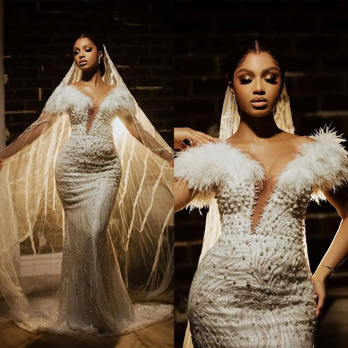 Customized Mermaid Bridal Gowns Off Shoulder Wedding Dress with Overskirts Pearls Feather Sequins Custom Made Sweep Train Bride