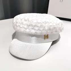 Trendy Stitching Pleated Flat Top Octagonal Hats for Women's Fashion Rhinestone Letters Literary Painter Hat Summer Female Beret