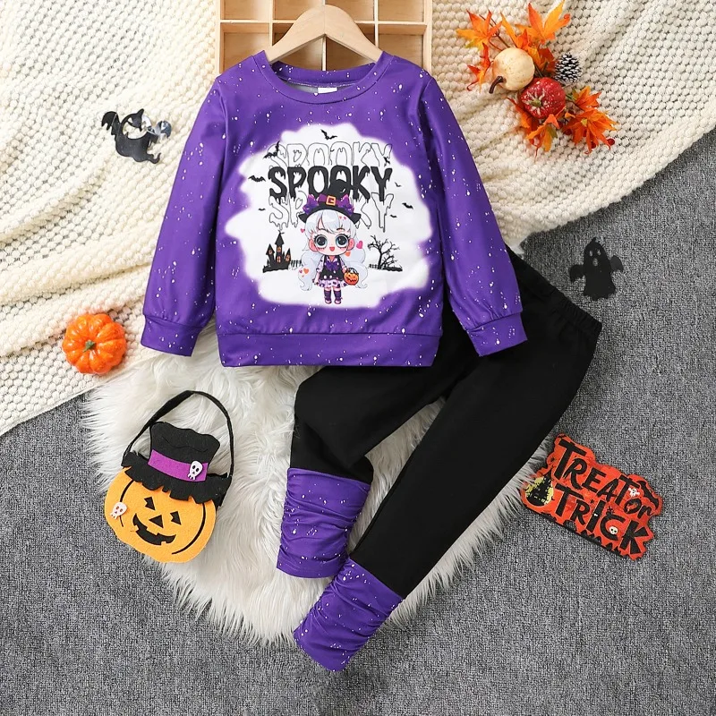 

Halloween Children's Set Cartoon Skull Letter Pattern Long Sleeved Top and Tight Pants Suit for 2-7 Y Toddler Festival Cosplay