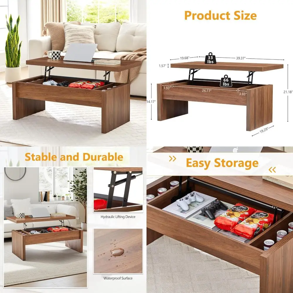 

Mid Century Modern Lift Top Coffee Table, Wooden Rectangle with Storage, Hidden Compartment