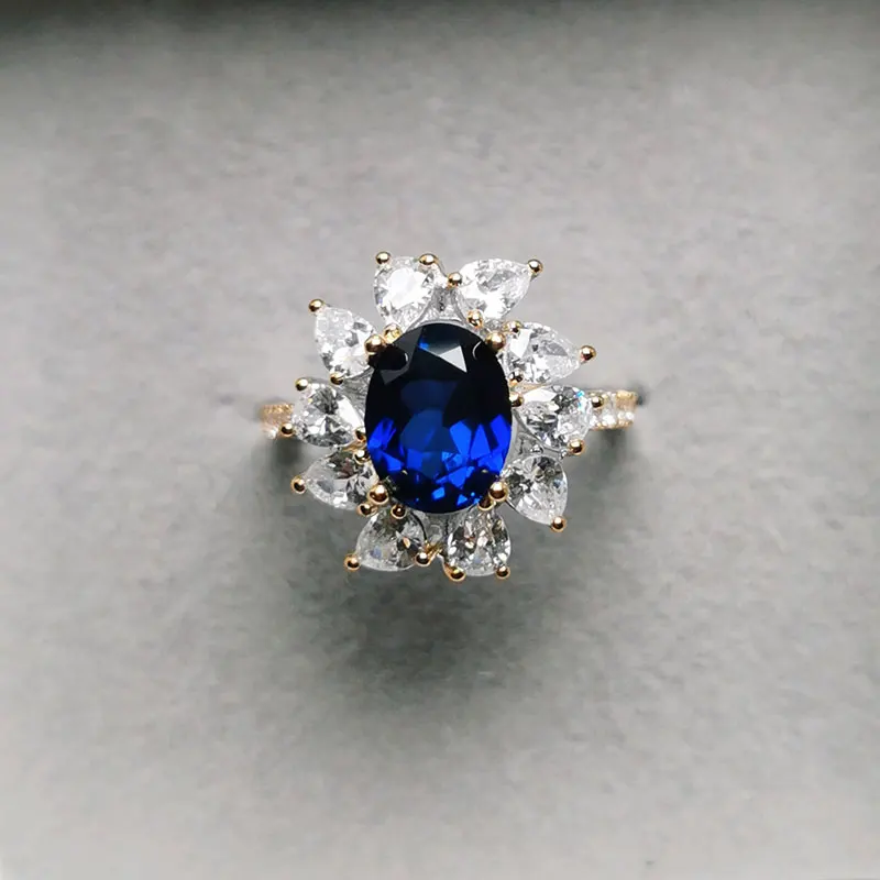 

Manmade Sapphire Ring 925 Silver Luxury Design Ring 7mm*9mm 2.5ct Real Sapphire Jewelry with 18K Gold Plating