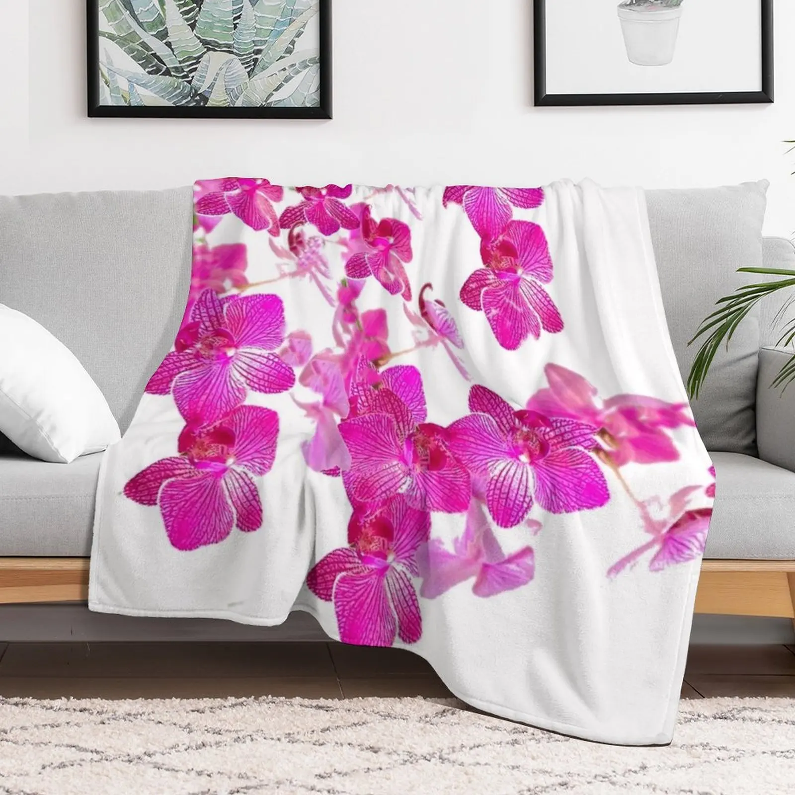 FUCHSIA PINK ORCHIDS PATTERNS WHITE ART Throw Blanket Nap For Decorative Sofa Flannels Winter beds Blankets