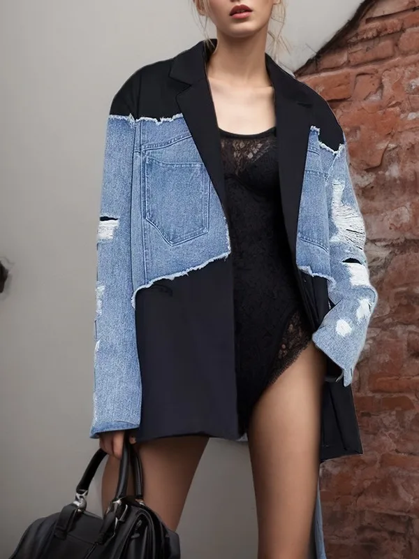 Tannt Women Blazer Color Matching Asymmetry Denim Patchwork Blazer Jacket Fashion Loose Holes Suit Coats For Women 2023 New