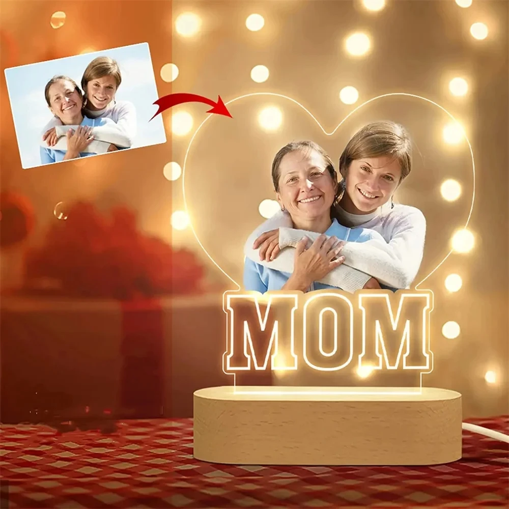 Luz de noche con foto personalizada para mamá, lámpara de mesa de luz nocturna 3D, Collage de fotos personalizado, lámpara de fotos LED, Feliz Día de la madre