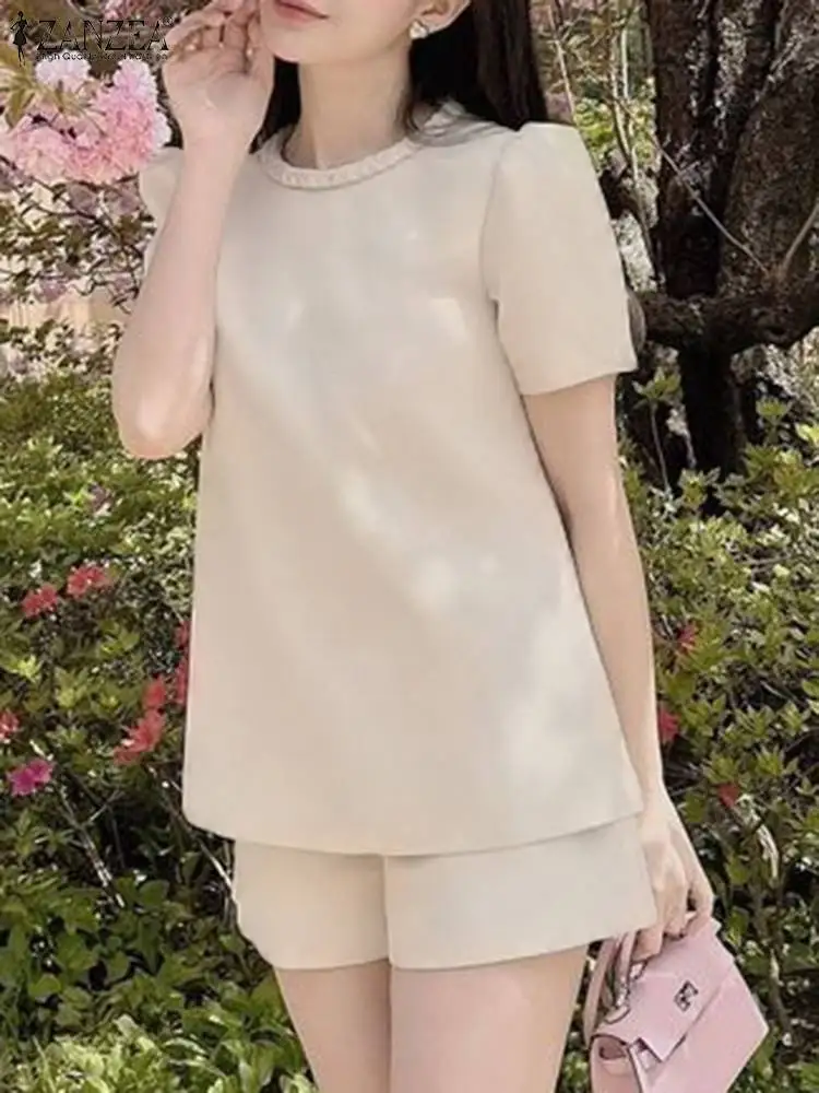 

ZANZEA Summer Matching Sets 2PCS Fashion Short Sleeve Solid Blouse Shorts Suits Elegant Women OL Work Shorts Sets Casual Outfits