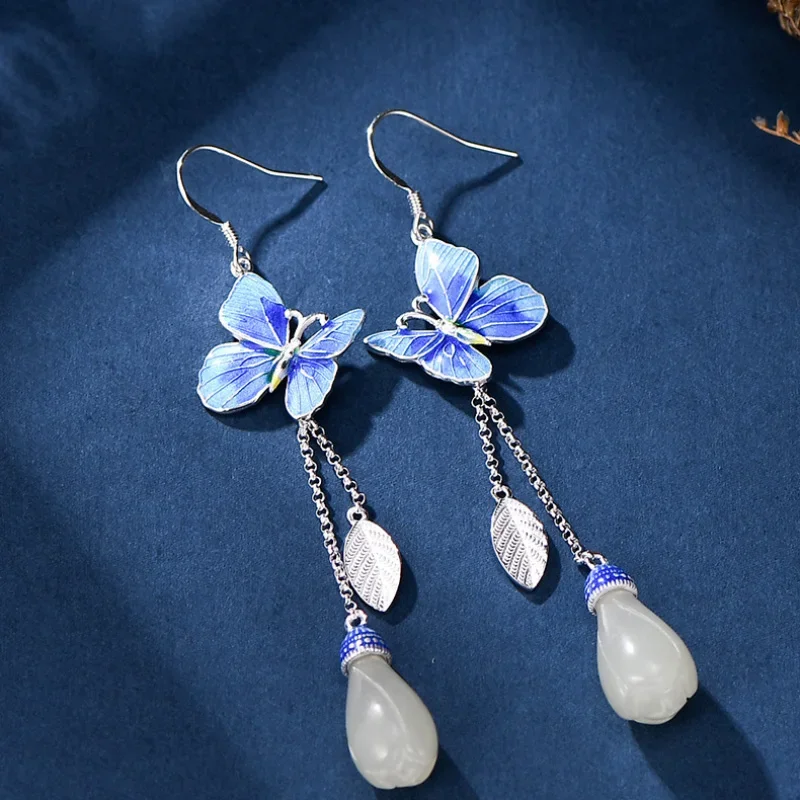 925 silver enamel tassel blue butterfly earrings for women national style Exquisite natural Hotan jade orchid earrings jewelry