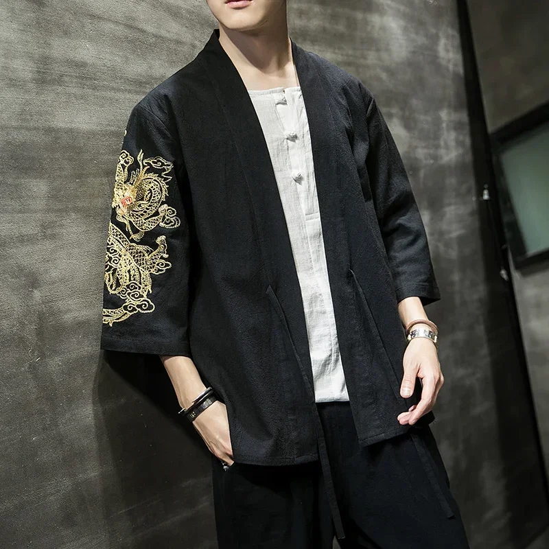Fashion Costume Embroidery Hanfu Mens Chinese Style Robe Cardigan Jacket Oversized Kimono 5XL Ancient Coat Male