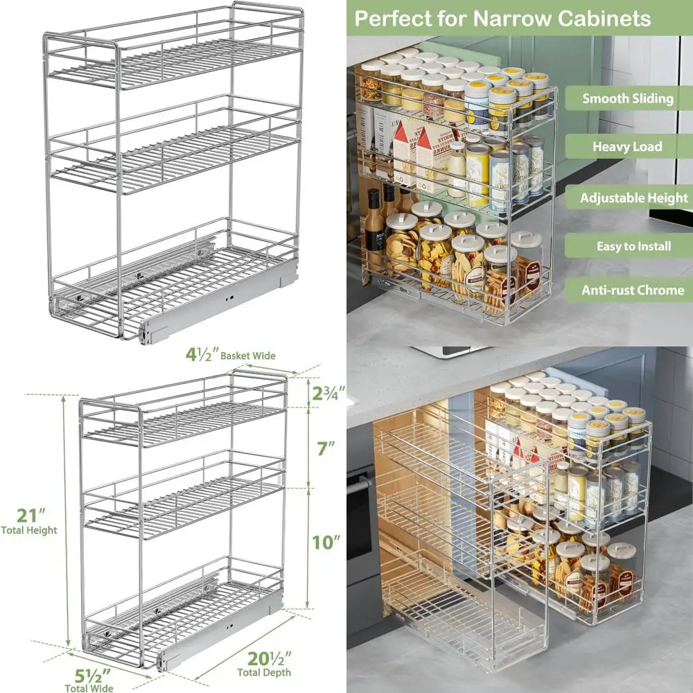 

Heavy Duty 3 Tier Sliding Spice Rack Organizer for Narrow Cabinets - 5.5 Wide x 20.5 Deep, Space-Saving Kitchen Storage Solution