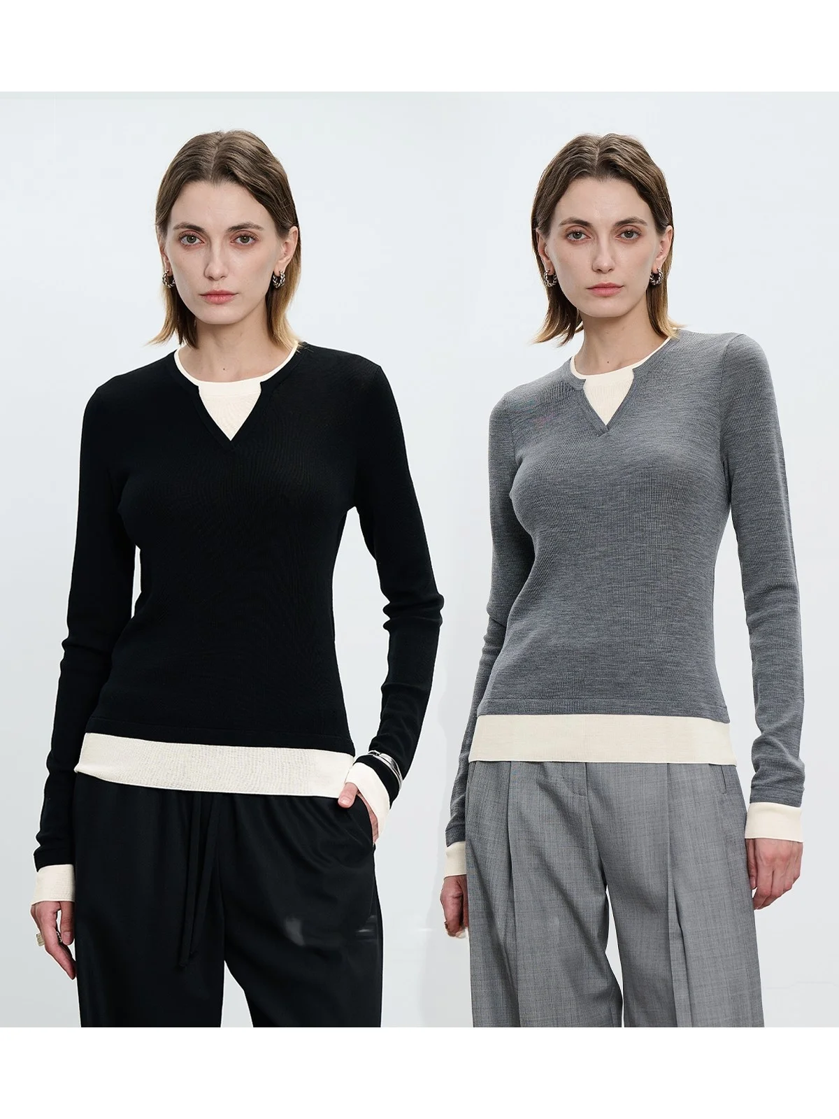 

CEMO Autumn Winter Women's Slim Fit Knitted Base irt Small V-Ne Yarn 20S Faux Two-Piece Elastici Collar Long Sve