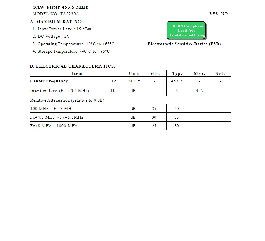 (10PCS) TA2230A 코드 2230 새로운 정품 453.5 MHz 패키지 SMD SAW 필터 재고 있음