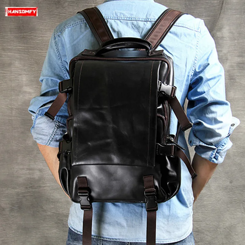 Cowhide Leather Men\'s Backpack Mountaineering Travel Backpacks Men Laptop Bag Schoolbag Retro Soft Black Leather Backpack