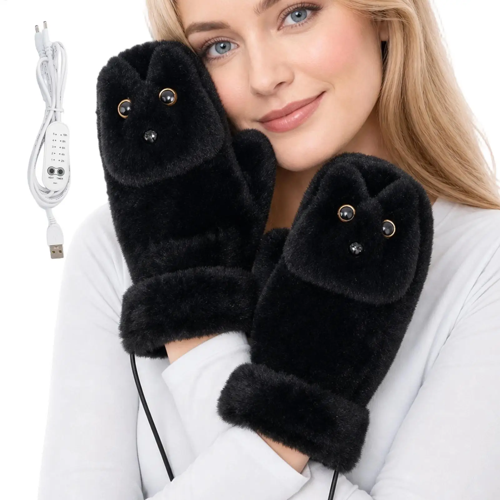 Womens Heated Gloves Soft Plush Warm Funny Cute Winter Gear Cold Weather Battery Heated Gloves For Mom Wife Adults Kids Home