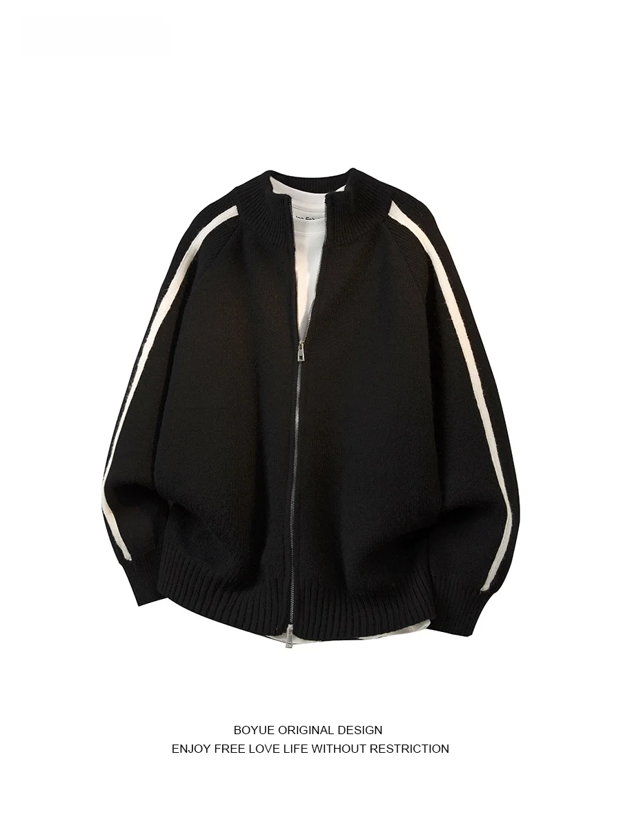 

Мужской повседневный кардиган Boyue в американском ретро-стиле, вязаный в полоску, с воротником-стойкой, свободного кроя, для пар, на каждый день