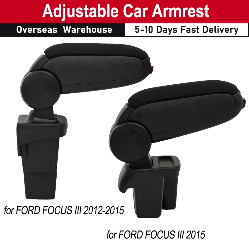 Black Car Armrest w/ Extra Storage for Various Small Items Height Adjustable Car Armrest for FORD FOCUS III (2015) ABS Material