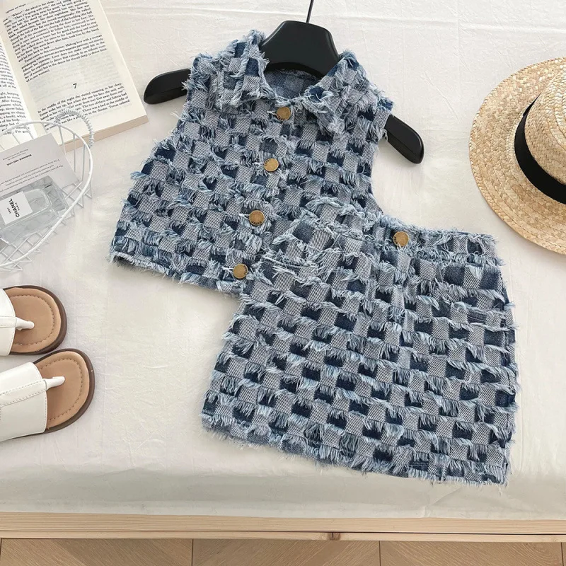 

Children's Denim Set Skirt New Summer Girls' Frayed Edge Checkerboard Denim Vest Skirt Turn-down Collar Two-piece Set