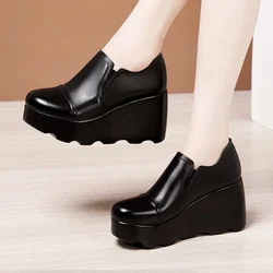 8cm Small Size 32-43 Deep Mouth Thick Bottom Platform Shoes with Fur 2024 High Heels Wedges Shoes Leather for Office Model Mom