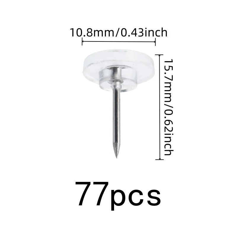 Easy Push Sharp Pin Clear Flat Thumb Tacks 77 pcs, perfect for School Notice Display, Transparent Flat Head