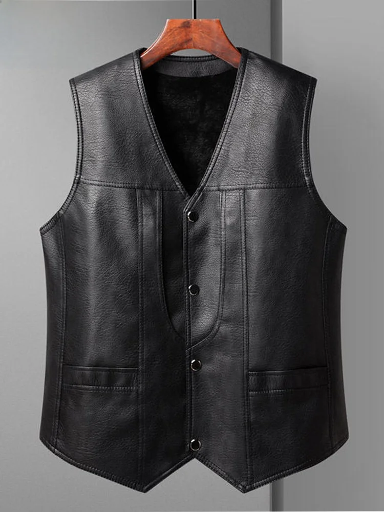 

Высококачественный мужской кожаный жилет на подкладке, теплый, ветрозащитный, для бизнеса и повседневной носки, для мужчин среднего возраста, V-образный вырез, верхняя одежда