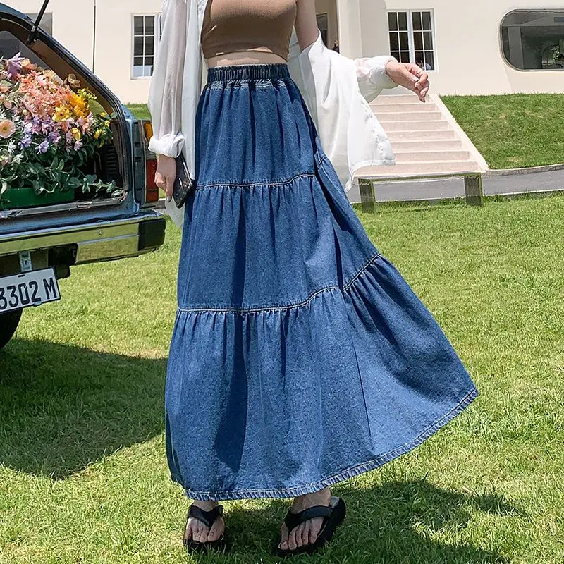 Oversized Retro Denim Skirt Half-length Skirt For Women 2024 New Autumn Ball Gown Loose High-waisted Floor-length Skirts