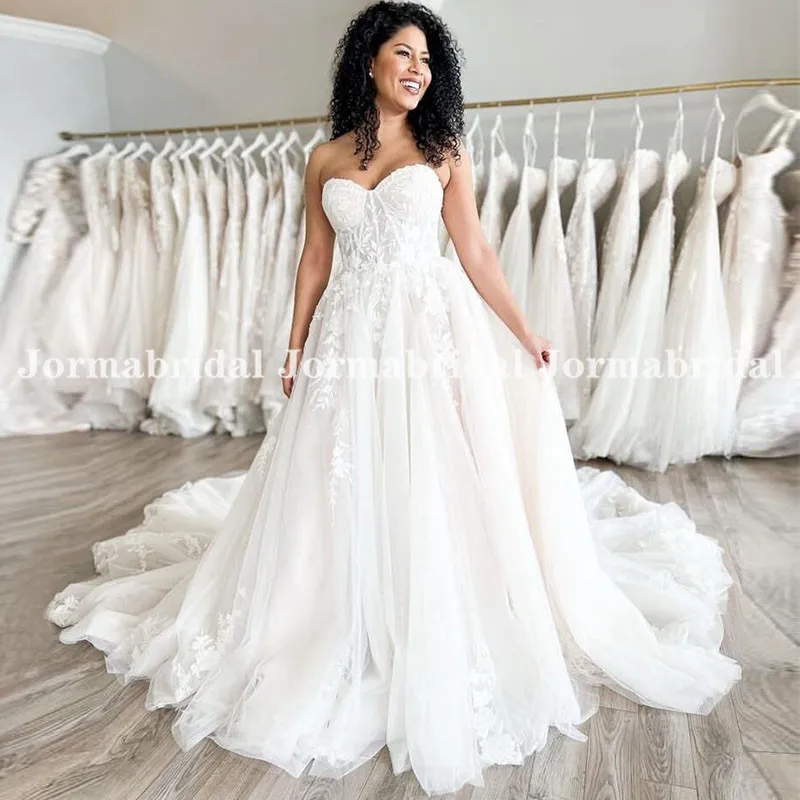 

Princess A-line Wedding Dresses Sweetheart Neckline Illusion Bodice Lace Applique Boning Wedding Gowns Long Train Bride Dress