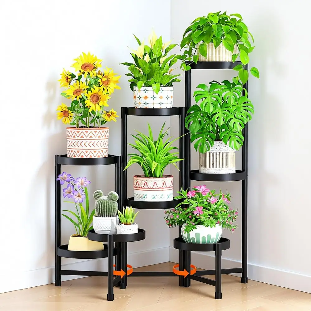 

8-ярусная высокая подставка для растений, прочная металлическая регулируемая стойка, узкая, устойчивая спиральная полка, черная