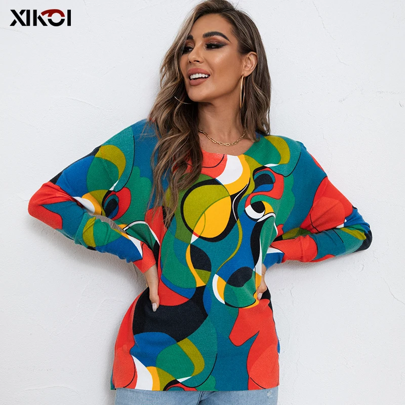 XIKOI Long Sleeve Women Casual Sweaters Pullover Loose Artsy Graphic Oversized Sweater Winter Clothes For Women Fashion 2022