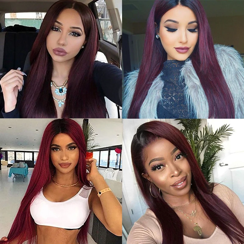 Ombre Hd Lace Front Human Hair Wigs Dark Red Colored Bone Straight Human Hair Wig Glueless Princess 99J Burgundy Brazilian Wigs