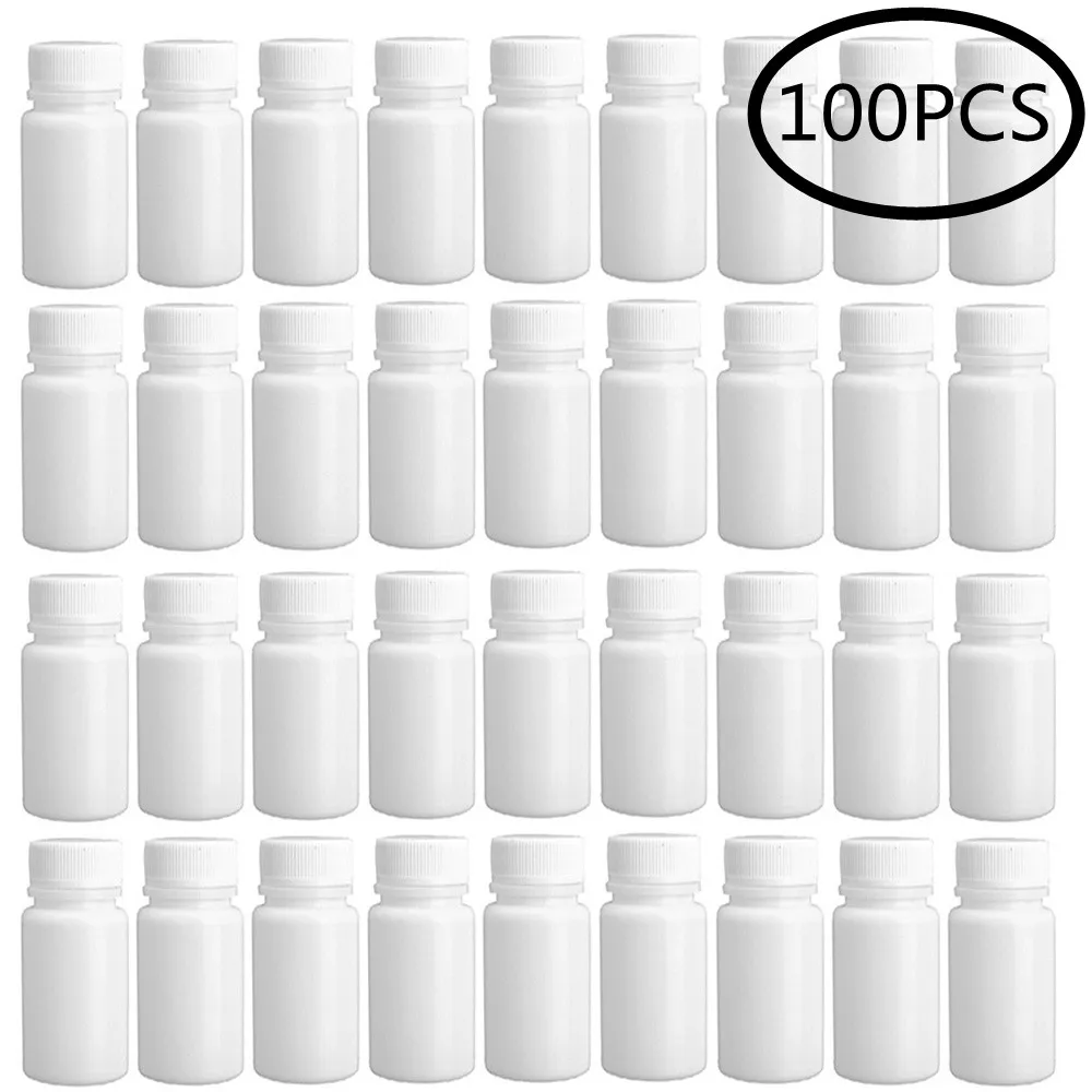 100pcs 10ml Empty Medical Plastic Bottles with Lids Refillable White Empty Packing Containers Portable Pill Tablets Container