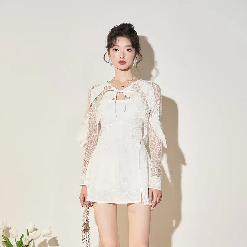 

2023 New Korean Two-piece‘s Swimsuit Women's White Conservative Small Breast Coverup One-piece Skirt Style Hot Spring Swimwear