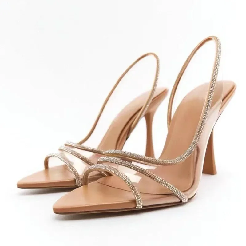 Neue dünne High Heels für Damen: Sommerliche, sexy Feen-Stil-Sandalen mit spitzer Zehenpartie, offenem Rücken und Strass-Applikationen