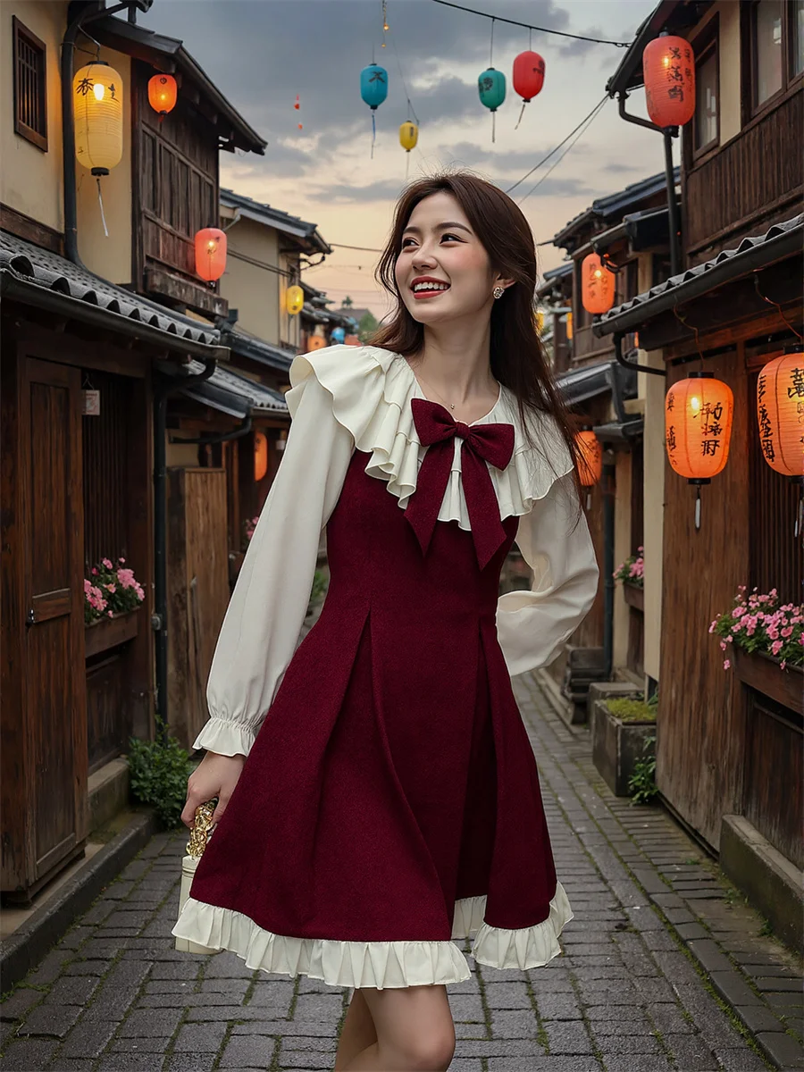 فساتين نسائية Y2K عتيقة 2000S ثوب حفلة فيونكة شبابية مخملية عنابي فستان ثقوب العطلات مجوفة مجوفة