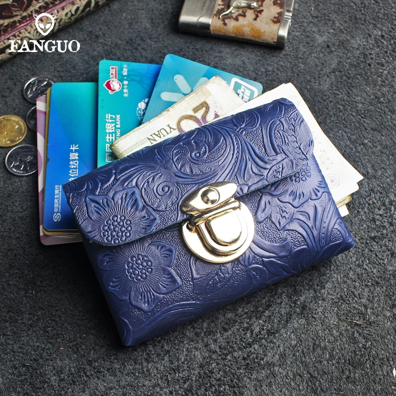 Handmade Leather Women Short Wallet Genuine Leather Double Wallet Small Coin Purse Mini Credit Card Holder Key Storage Bag