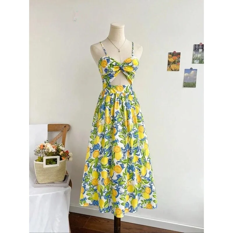 Lemon Print Twist Cami Spaghetti Strap Women's Dress All over Print Seven Sleeve Length Other Material 100% Neutral Style