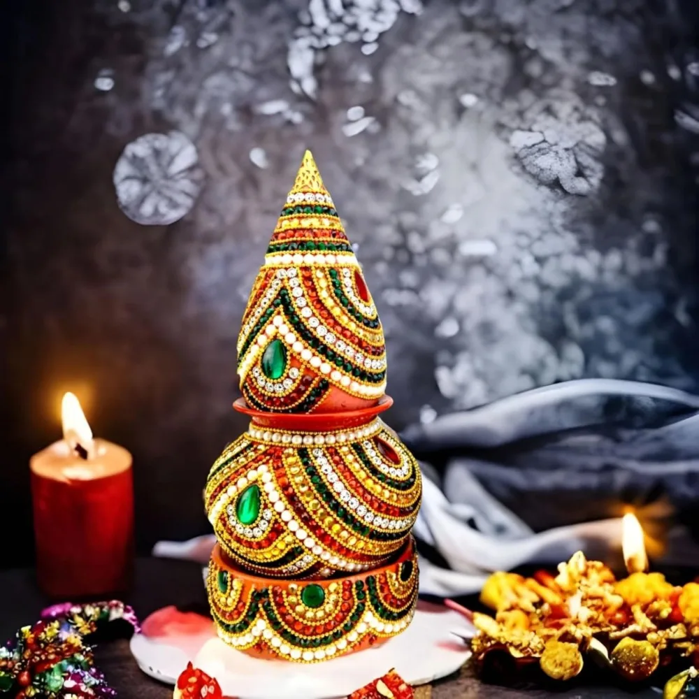 مجموعة كالاش جوز الهند المزخرفة الأنيقة لـ laxmi-ganesha puja، والحرف اليدوية الهندية