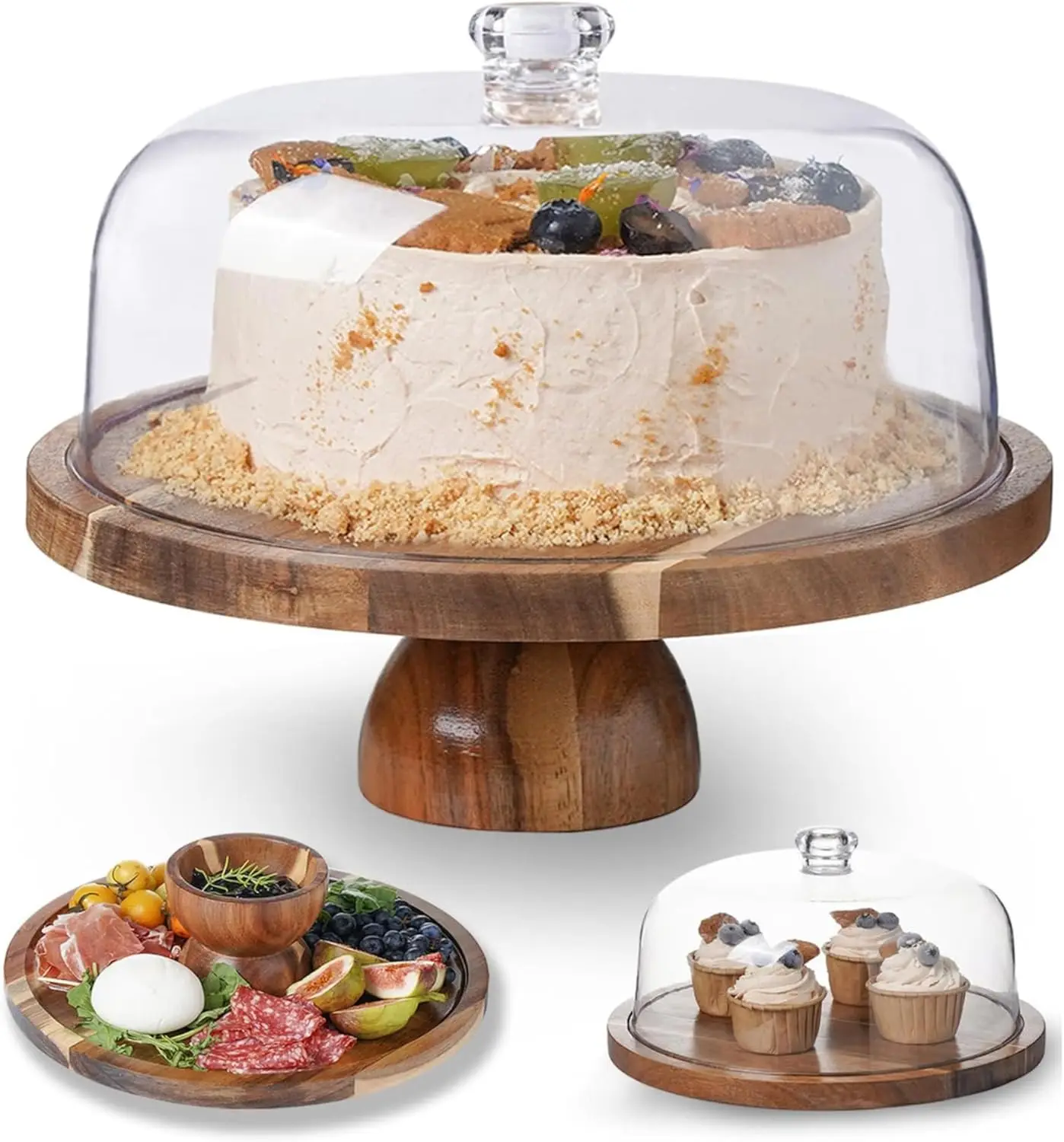 

12in Round Acacia Wood Cake Stand with Lid, 2-in-1 Serving Tray and Charcuterie Board for Cheese, Dessert, Fruit Display