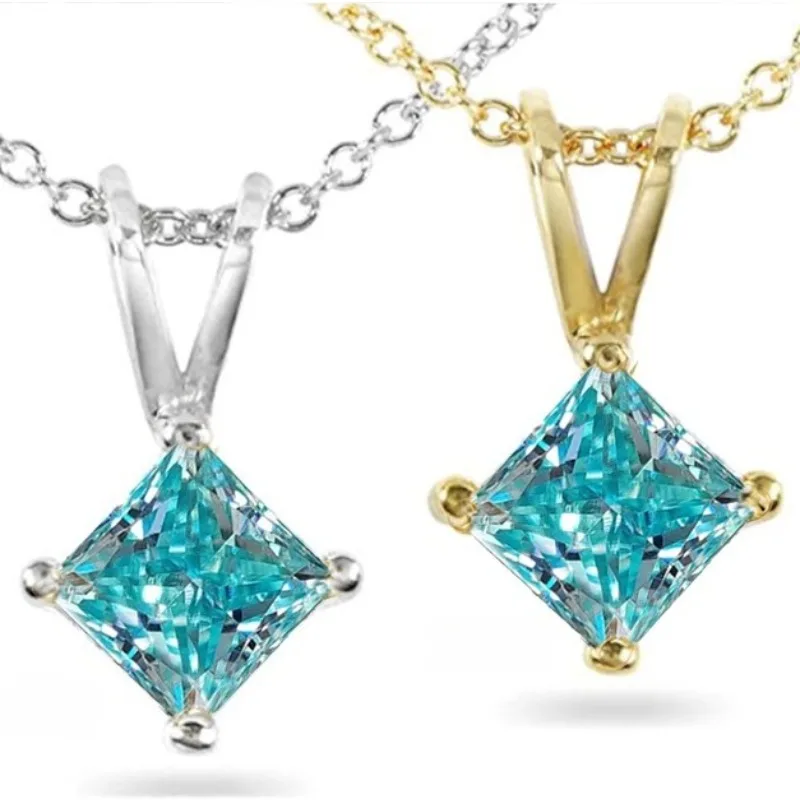 100% Moissanite cyan blue princess cut  moissanite necklace S925 silvery 18K golden plated yellow golden rose golden vvs1  color