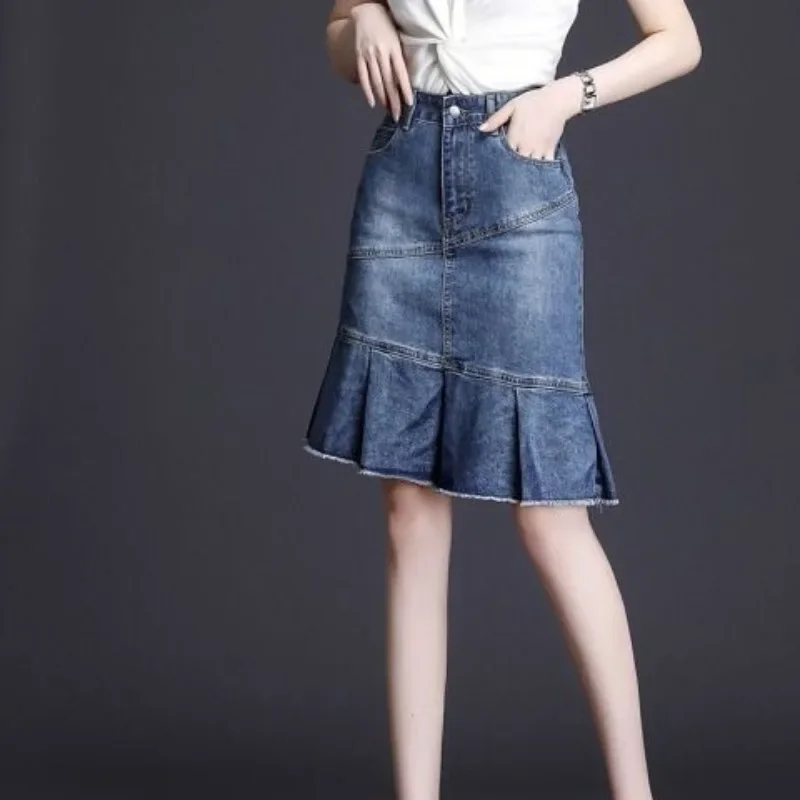 

High Waist Ruffle Female Jeans Skirts Blue Vintage Aesthetic Streetwear Y2k Quality Cheap Korean Style V Women's Denim Skirt