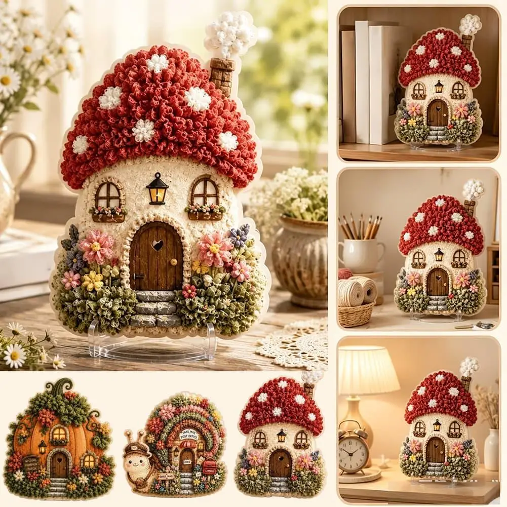 Whimsical Village 3D Fabric Poke Art Kit Mushroom Cottage Moon Moth No Sew DIY Craft Set Handmade Textile Art Home Decor