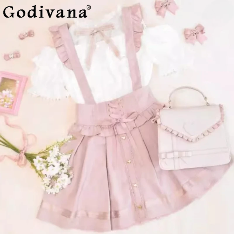 

Plus Size Japanese Letter Sweet Bow Lolita Strap Dress New Fashion High Waist A-line Versatile Age-reducing Princess Skirts