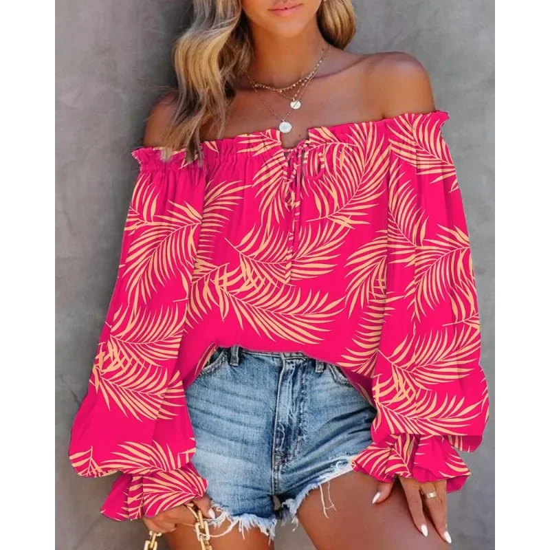 Women Off Shoulder Shirt Blouse Summer Floral Print Casual Long Sleeve Tops T-Shirt V Neck Retro Ethnic Style Loose Women Blouse