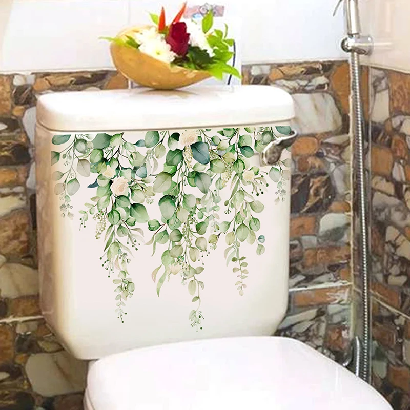 Bathroom Toilet Stickers Green Plant Leaves Wall Sticker WC Self Adhesive Mural Modern Beautify Flower Home Decoration Decals